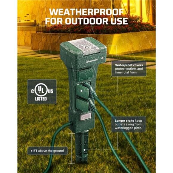 Outdoor Power Stake Timer Waterproof, 100FT Range Remote Control Outlet Timer - Picture 4 of 8